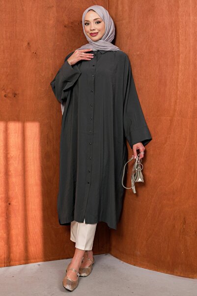 İmajButik Anthracite Buttoned Tunic with Side Slits