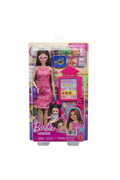 Barbie Set de joacă Păpușă brunetă cu rochie roz, profesie: profesoră
