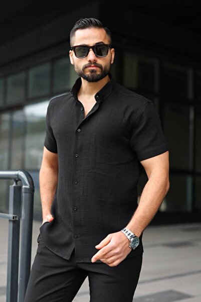 QS Men's 100% Cotton Muslin Fabric Shirt Short Sleeve Cotton Relaxed Fit Summ...