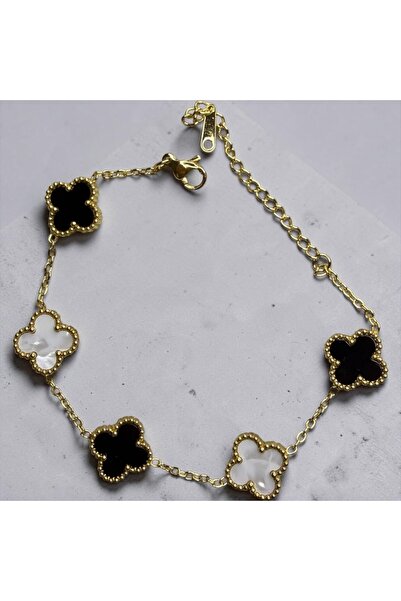 Laviona jewelry Yonca Model Siyah Beyaz Sedefli Çelik Bileklik
