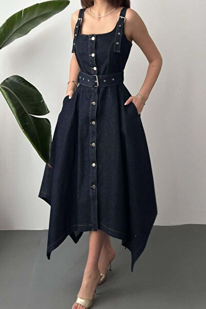 Caddebostan Moda Women's Buttoned Belted Asymmetrical Cut Jean Dress