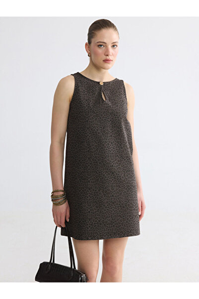LC Waikiki Brown Leopard Patterned Mini Jean Dress
