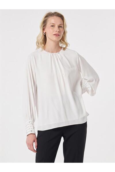 Kayra Stylish Blouse with Cuff Detail in Optical White