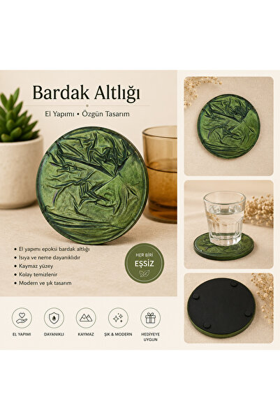 karelim home Set of 4 Coasters Epoxy Green Color Satin Series