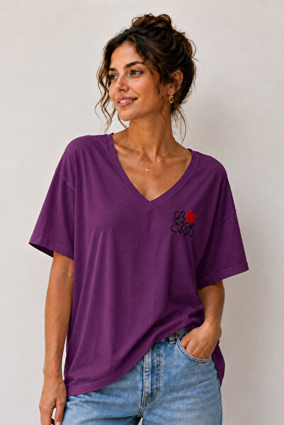 ArtYus Tricou oversize unisex cu decolteu în V și imprimeu cu detaliu inimă –...