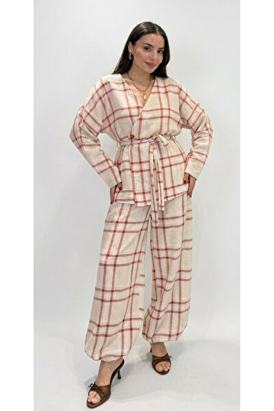 My Blog Red Plaid Kimono Shalwar Set - 0993
