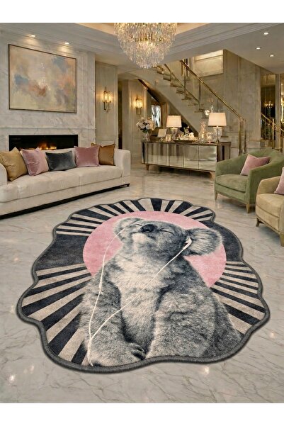 Rugs Modern Halı SDT Lüks Sanatsal Çizgili Koala Figürlü Pembe Dokuma Taban D...