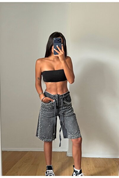 RMWEARCO شورت برمودا نسائي من الدنيم بتفاصيل حجرية