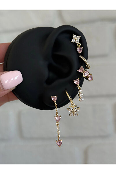 h&b design jewel Çelik Kelebek Detaylı Kalpli 6 Lı Küpe Seti