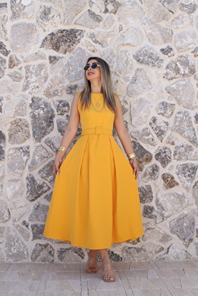 bytugcekaya Mustard Halter Neck Belted Flared Dress