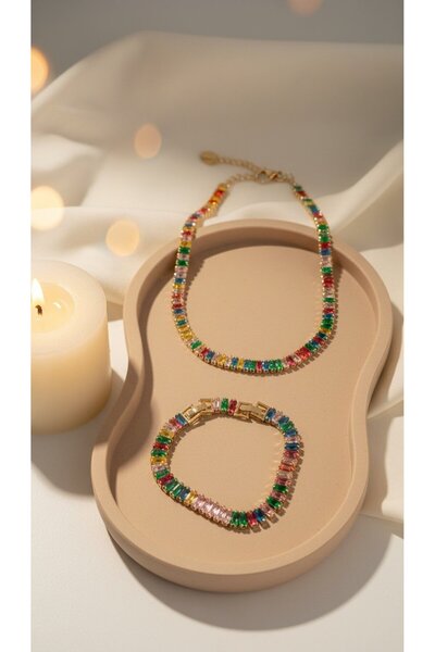 SR Jewelry Box Renkli Taşlı Kolye & Bileklik Set – Baget Kesim Parlak Taşlı T...