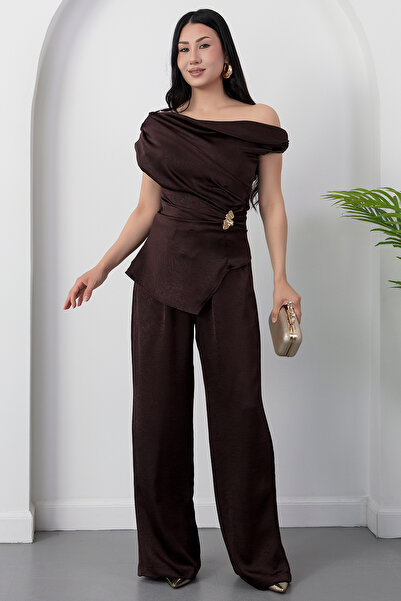 PULLIMM Wide Collar Buckle Symmetrical Blouse Double Set Grs3963