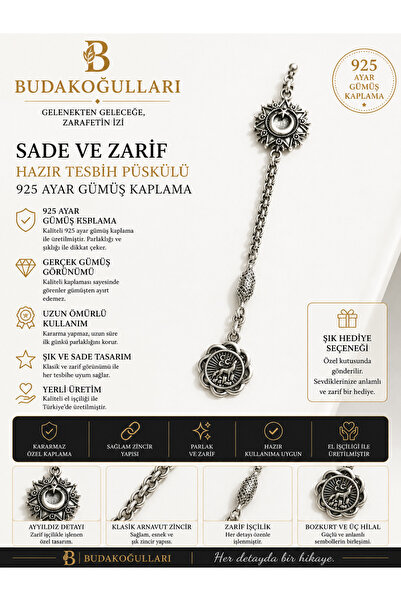 Budakoğulları Şanlı Ayyıldız & Bozkurt Motifli 925 Ayar Gümüş Kaplama Arnavut...