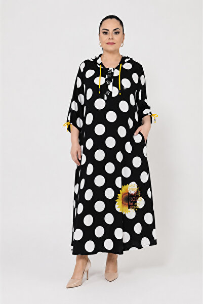DARKWIN Plus Size Polka Dot Floral Printed Hooded Lace Detailed Capri Sleeve ...