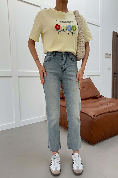 mylove Cut-Off Leg High Waist Jeans Ice Blue