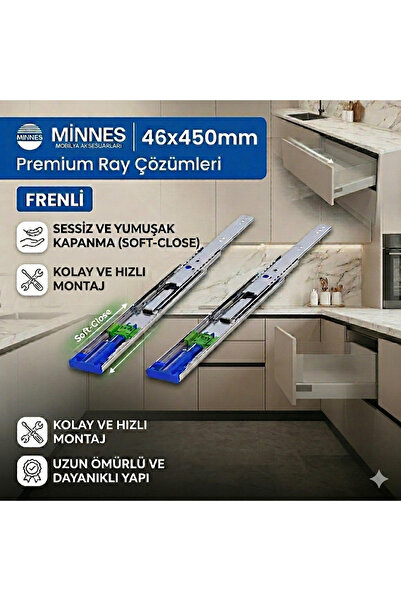 Minnes 46x450 mm Ağır Yük Çekmece Rayı Frenli Sessiz Yavaş Kapanan 80 kg Kapa...