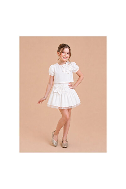 JABBER Girls' Bow-Tie Woven Blouse with Waist Detail and Tulle Skirt Set