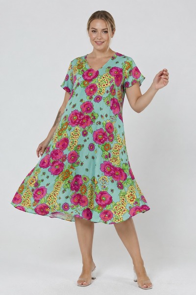 LİKAPA Summer Plus Size Viscose V-Neck Short Sleeve Dress 2688