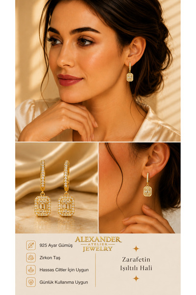 Alexander Atelier baget taşlı küpe altın kaplama 925 gümüş
