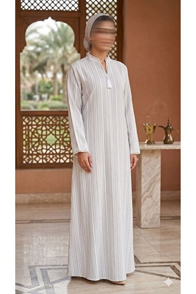 ISHRAQAT AL-AMAL Striped Long-Sleeved Robe with Soft Embroidery on the Edges,...
