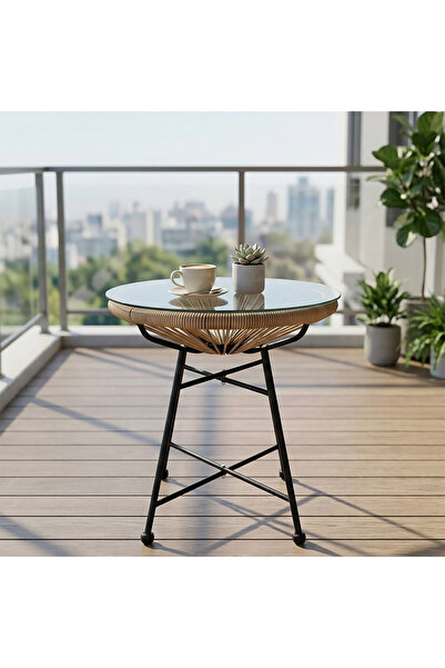 stratecht Cam Balkon Bahçe Masası 45 x 45 cm Yuvarlak Temperli Cam Sehpa İç V...