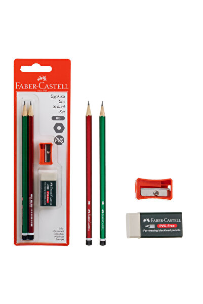 Faber Castell Set de creioane HB Verde Roșu cu radieră și ascuțitoare din pla...