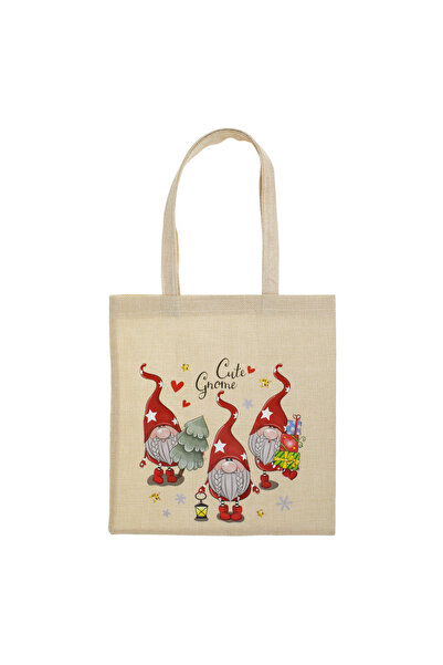 Zumzeria Geantă tote de Crăciun bej cu figurine de gnomi 30x32cm