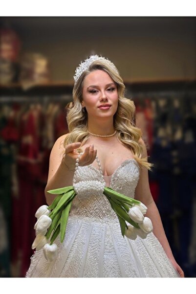 Bridal Luxe gelin çiçeği lale ve inci detaylı çiçek çanta