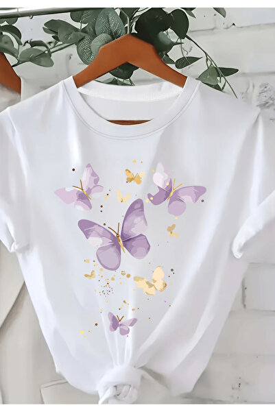 one button Tricou oversize premium cu imprimeu cu fluturi zburători violet