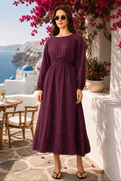 Lusin Women's Plum Stylish Pearl Detailed Long Sleeve Lined Summer Premium Mu...