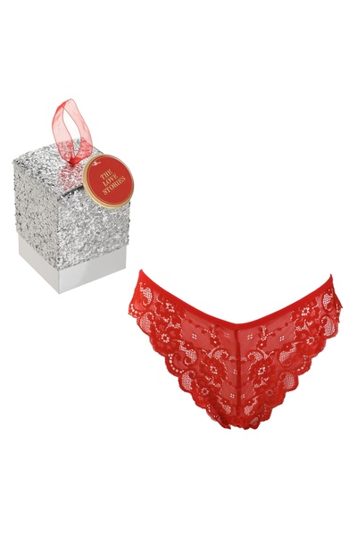 Zumzeria Red Lace String Panties with Silver Glitter Packaging