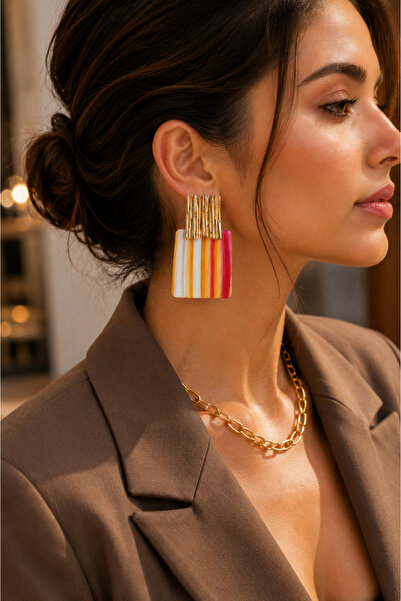 POYASE Large Size Striped Resin Earrings with Gold Detail Geometric Statement...