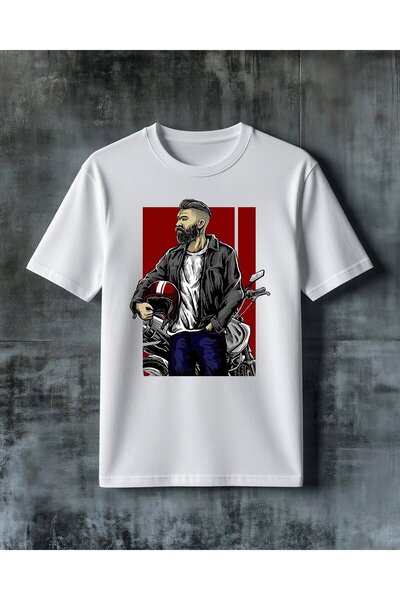 COMVİCHO Motorcycle Beard Man Printed Oversize T-Shirt