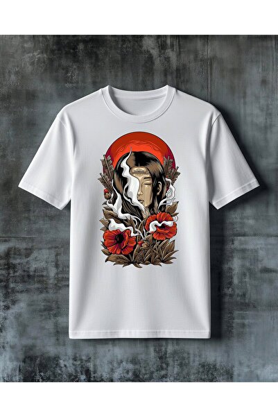 COMVİCHO Women's Face Red Flower Printed Oversize T-Shirt