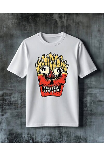 COMVİCHO Kafatasi Potato Fries Printed Oversize T-Shirt