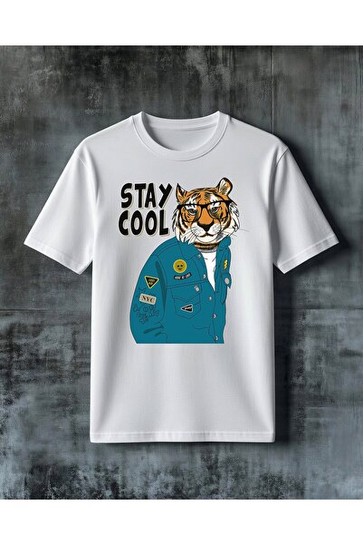COMVİCHO تي شيرت كبير الحجم مطبوع عليه شعار Stay Cool Kaplan