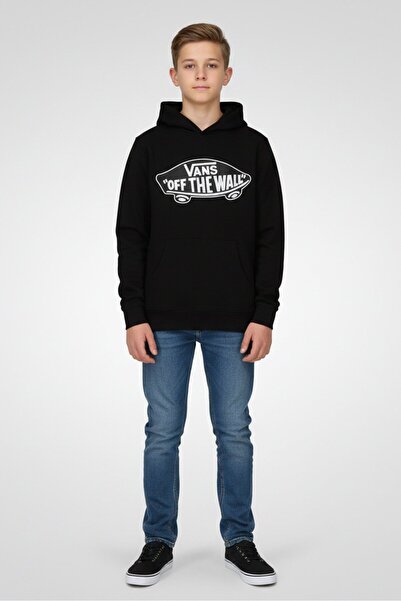 Vans هودي أسود بأكمام طويلة بشعار ماركة للأطفال الأولاد