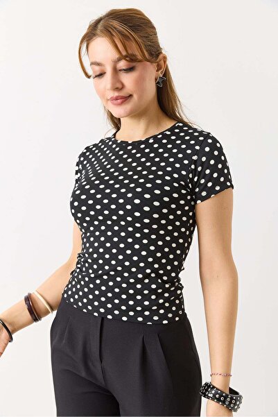 Raneel Kazançlı Alışveriş Women's polka dot crew neck short sleeve blouse - b...