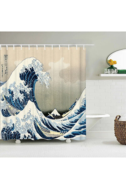 Choice4 180x180cm 2 Japanese-style Waves Printing Shower Curtain with Hooks H...