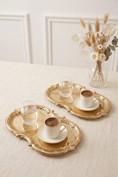 Kitchen Life 2-Piece Bulut Gold Embroidered Vintage Tray, Presentation Tray -...