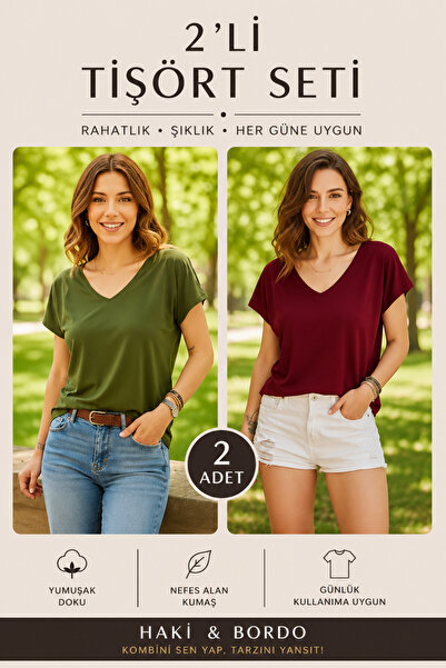Marvine Kadın 2'li Paket V Yaka Basic Tişört