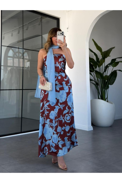 My Blog Blue Floral Patterned Strapless Dress - 3423