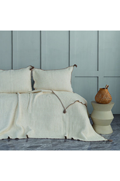 Dantela Drina 100% Cotton Double Tasseled Muslin Bedspread & Pique Set Beige
