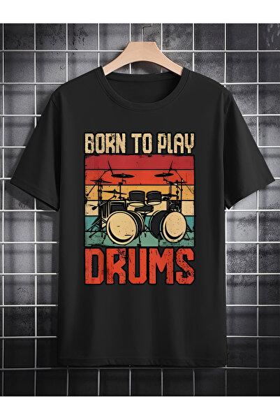Chic Bloom تي شيرت رجالي أسود بطبعة "Born to Drum"