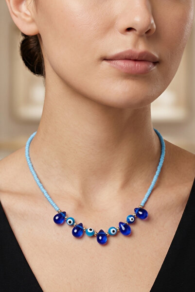 PETEK AKSESUAR Blue Evil Eye Glass Drop Bead Necklace