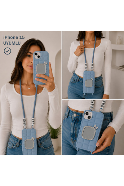 Nettech iPhone 15 Uyumlu Aynalı Taşlı Boyun Askılı Silikon Kılıf