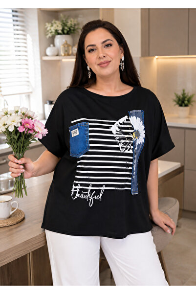 lavelina Plus Size Striped Floral Print Pocket Detail Short Sleeve Women's Bl...