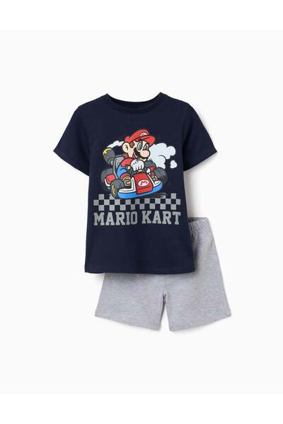 Ziddy Short Sleeve Cotton Pyjamas With Mario Kart Print For Boys Blue Grey
