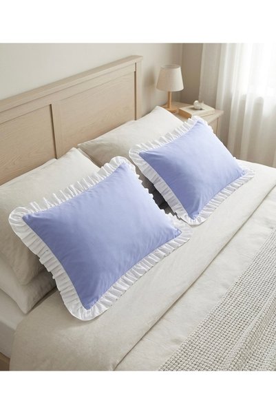 calinahome 2Pcs Cotton Pillowcases with Blue Color and White Ruffles