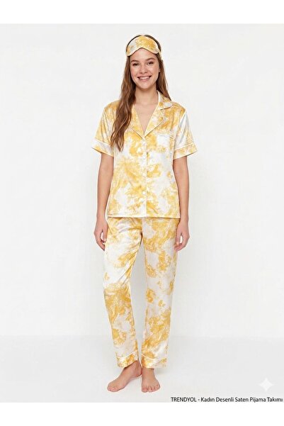 DİAMOND OUTLET Women's Yellow Satin Pajama Set Summer Short Sleeve Nightgown